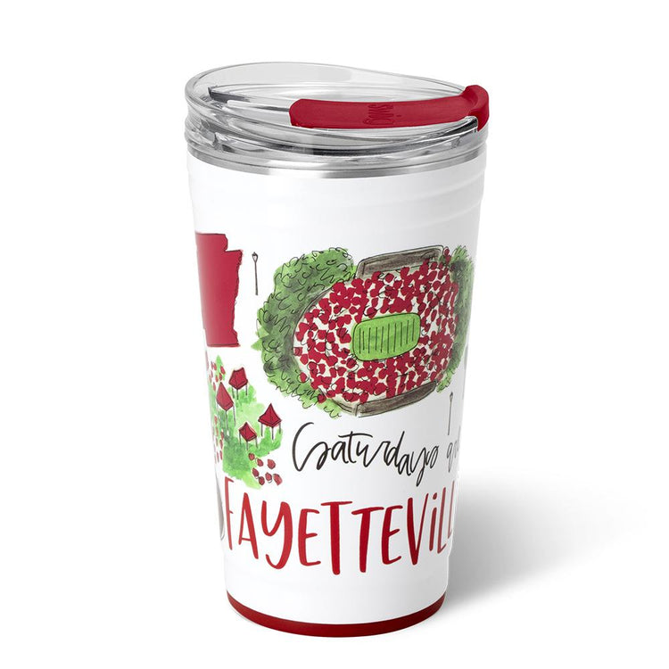 White 24oz insulated stainless steel party cup with Fayetteville, Arkansas themed illustrations.