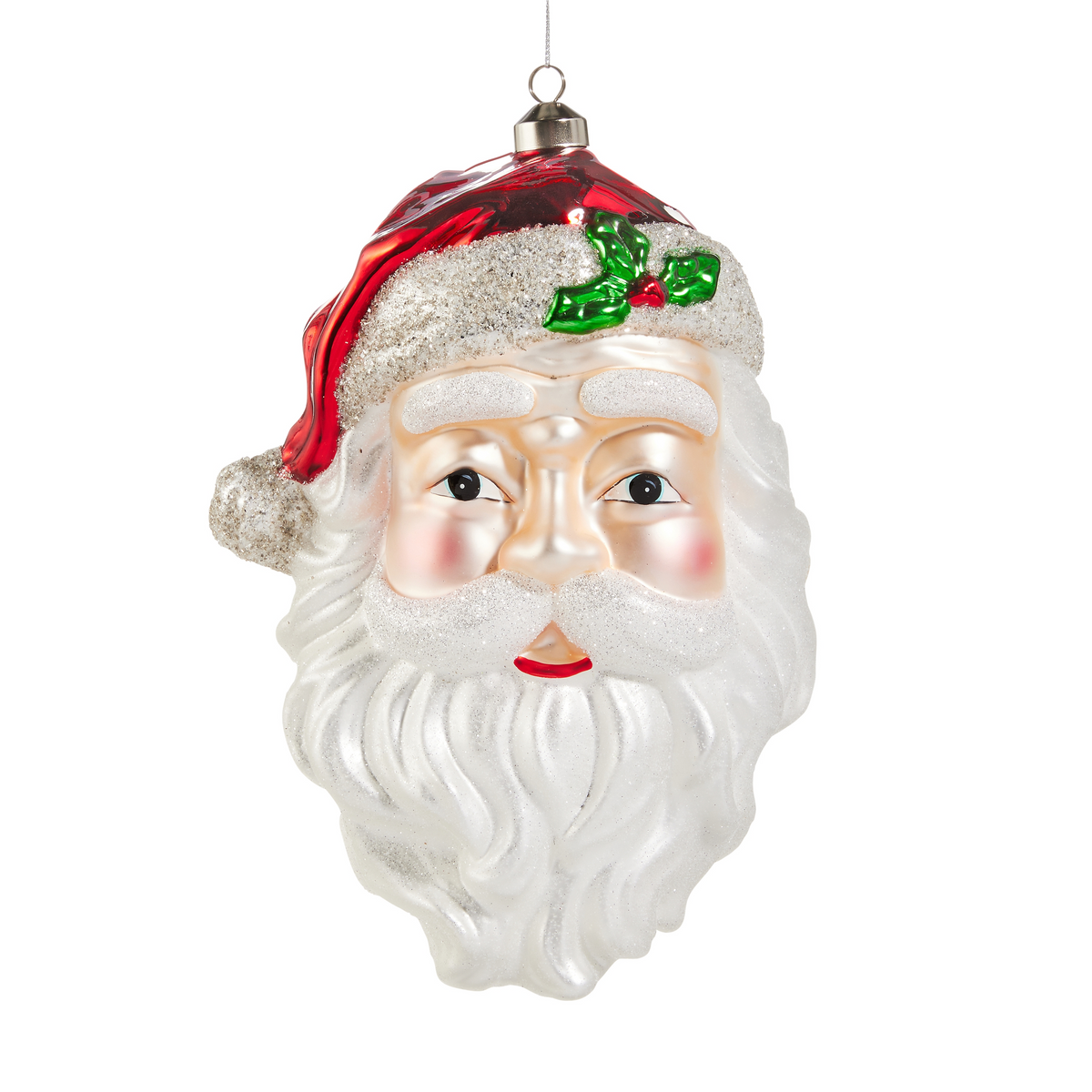 10.5-inch glass Santa head ornament with a red hat, glittery white beard, and holly detail.