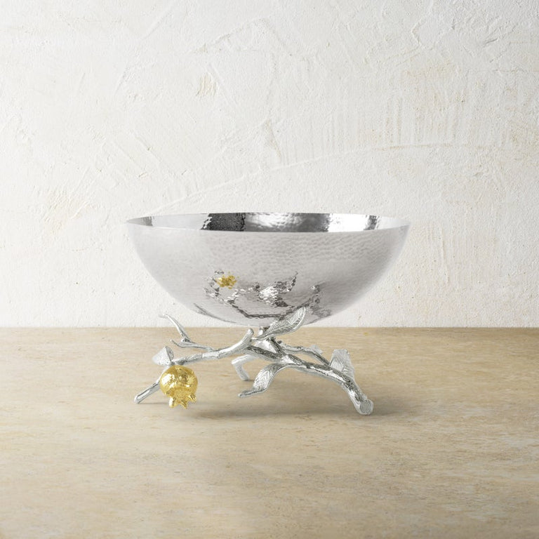 Pomegranate small bowl in hammered stainless steel with a gold-plated pomegranate branch base.