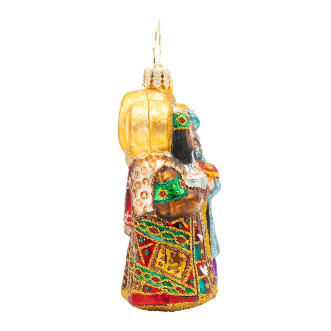 Journey of the Wise Men Gem glass ornament featuring the Three Kings in colorful, glittered robes.