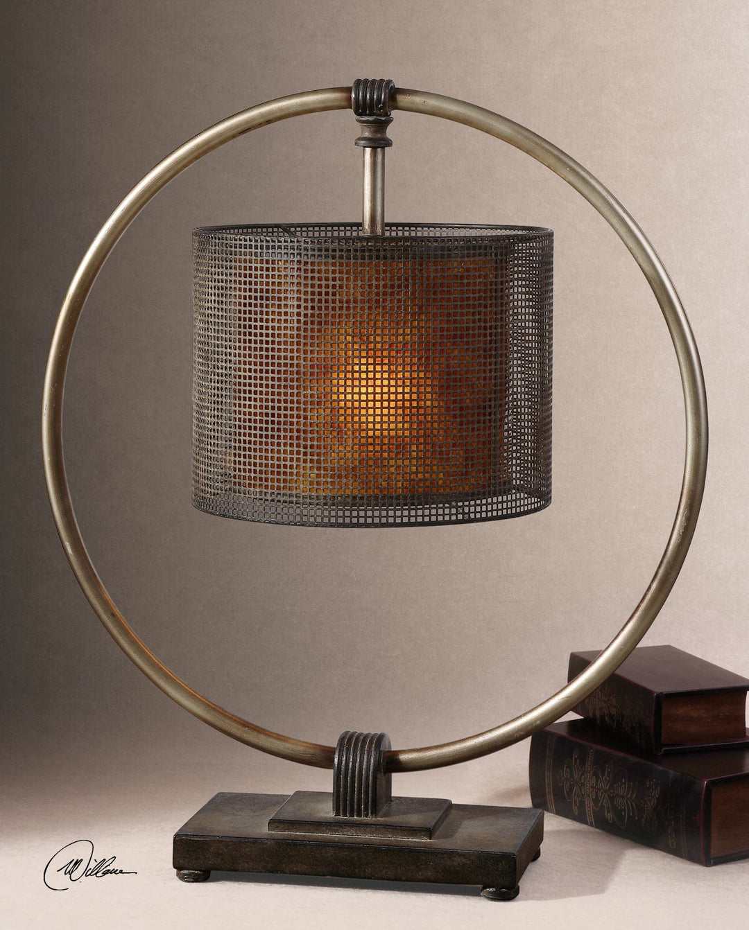 Black metal hanging shade table lamp with geometric cutout pattern