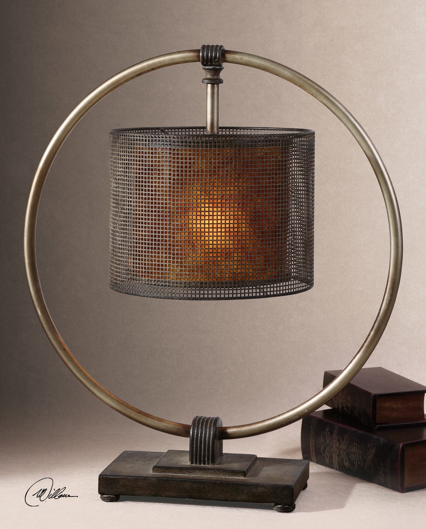 Black metal hanging shade table lamp with geometric cutout pattern