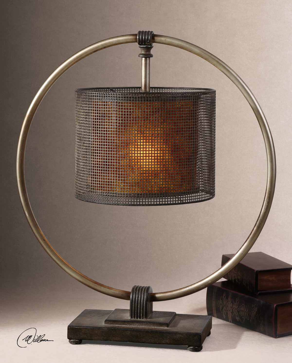 Black metal hanging shade table lamp with geometric cutout pattern