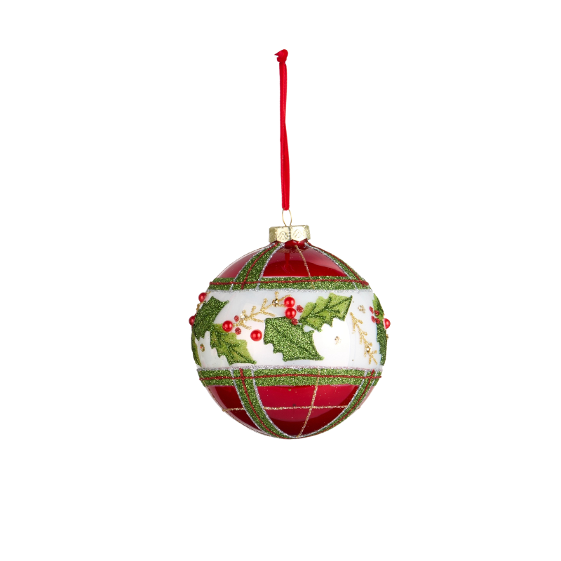 4-inch glass Christmas ornament with red plaid sections and a white band featuring holly leaves.