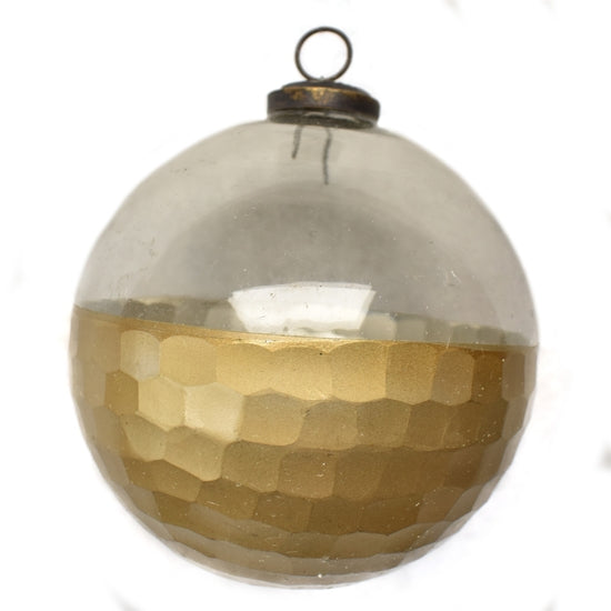Half clear glass ornament with a gold metallic hammered bottom half
