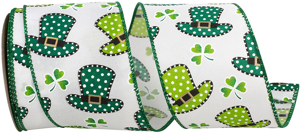 White polyester hat with green clover patterns on a St Patrick's Day theme.
