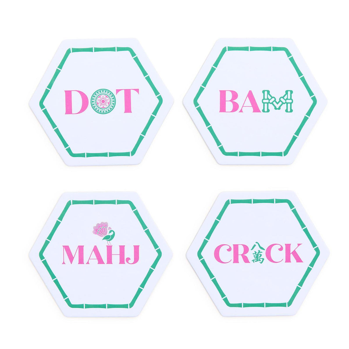 Four hexagonal white paper coasters with green bamboo borders and pink Mahjong-themed text.