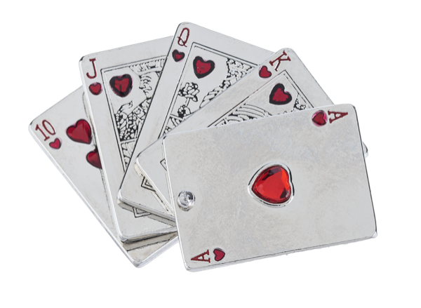 Silver playing card charm with red heart details, featuring Ace, King, Queen, Jack, and 10 of Hearts.