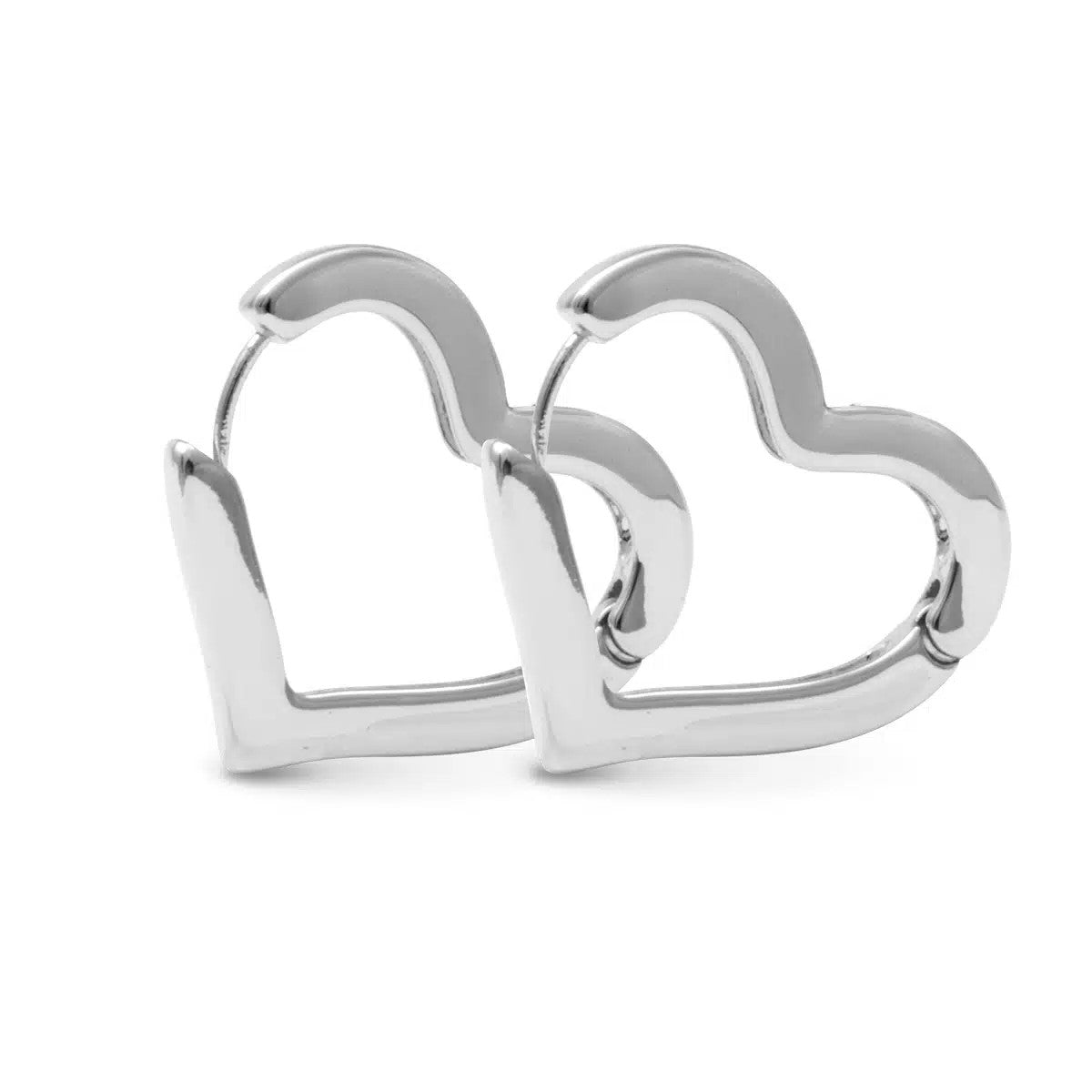 A pair of Sara polished silver heart-shaped hoop earrings on a white background.