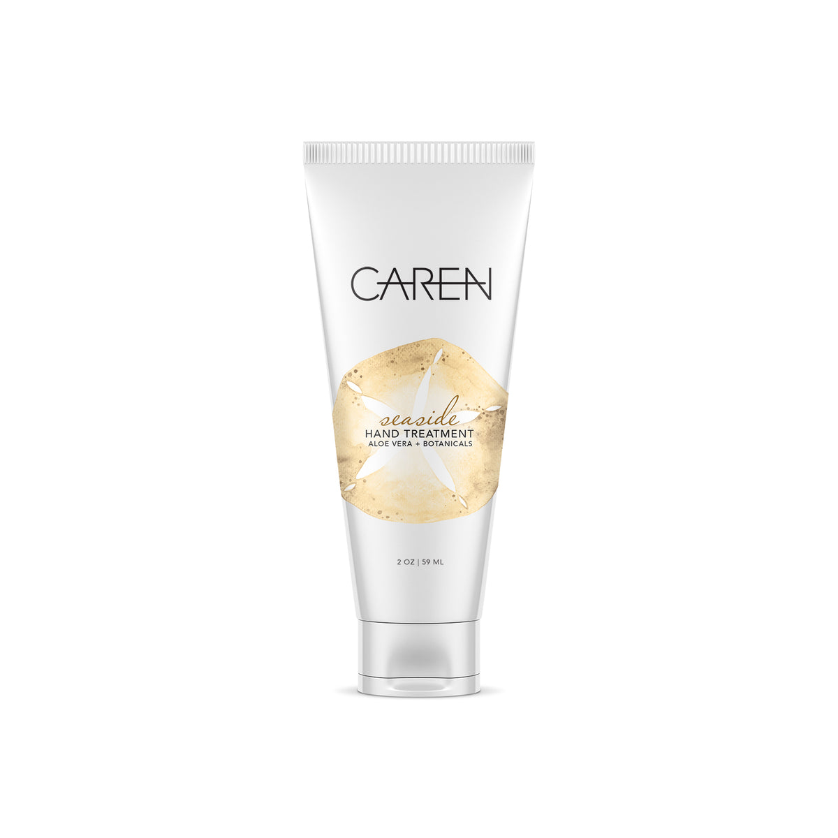 Caren Seaside Hand Treatment 2 oz tube with a sand dollar illustration on a white background.