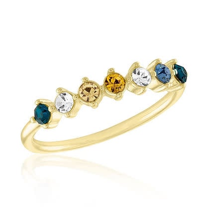 Multi-color floating gold layers ring with vibrant accents on a polished band