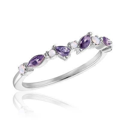 Stack ring with multi-cut lavender stones set in opal-colored metal