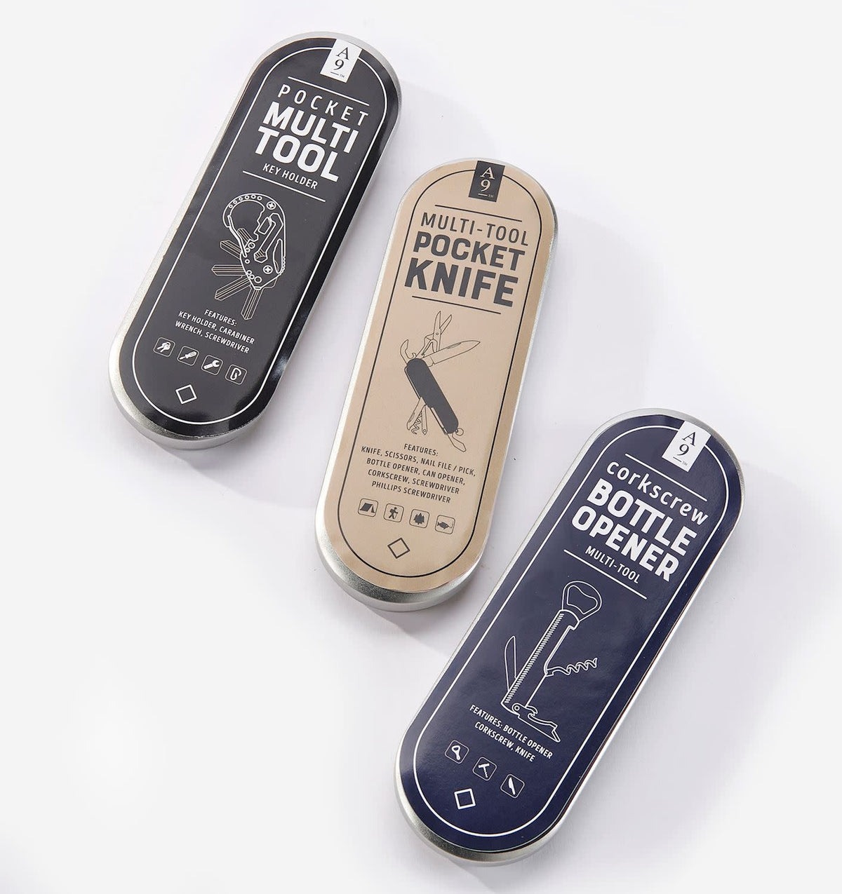 Stainless steel multi-function pocket tool with multiple utility functions in a compact rectangular case.