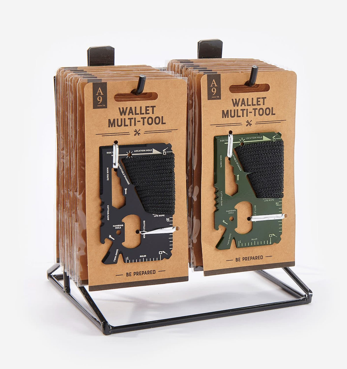Sleek black multi-function wallet tool with knife blade, ruler edge, bottle opener, and hanging hole.