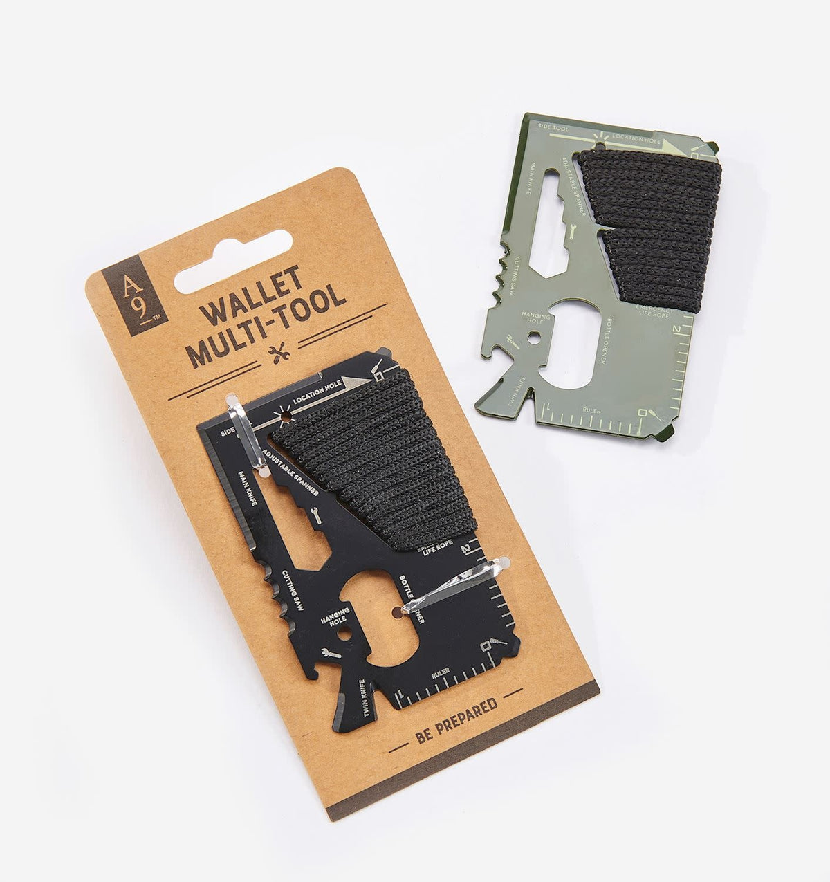 Sleek black multi-function wallet tool with knife blade, saw edge, ruler markings, and bottle opener.