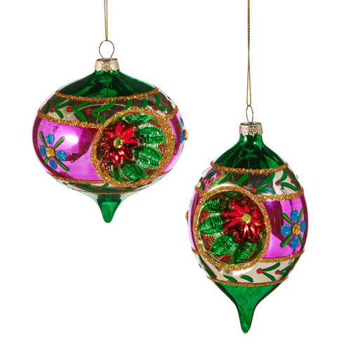 Glass witch eye ornament with multicolor swirls on a black background