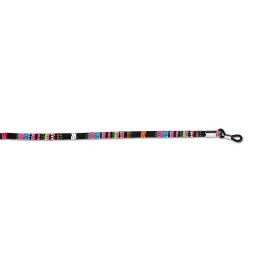 Multicolored sunglass lanyard with durable fabric strap and secure clip attachment.