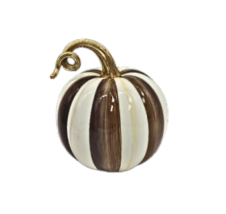 Mini decorative pumpkin with vertical chocolate brown and white stripes and a gold curled stem.