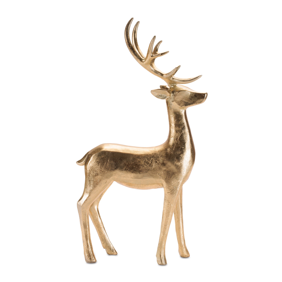 Tall deer resin sculpture standing 17.5 inches high with a natural brown finish and detailed antlers.