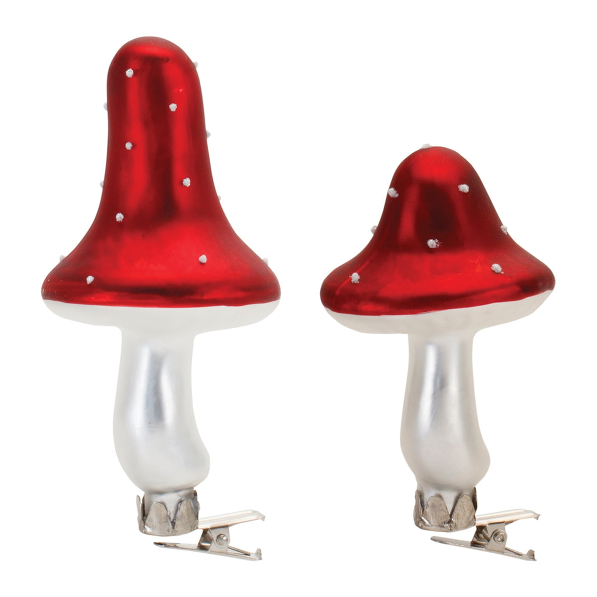 Glass mushroom clip ornament with red and white beaded accents on a string