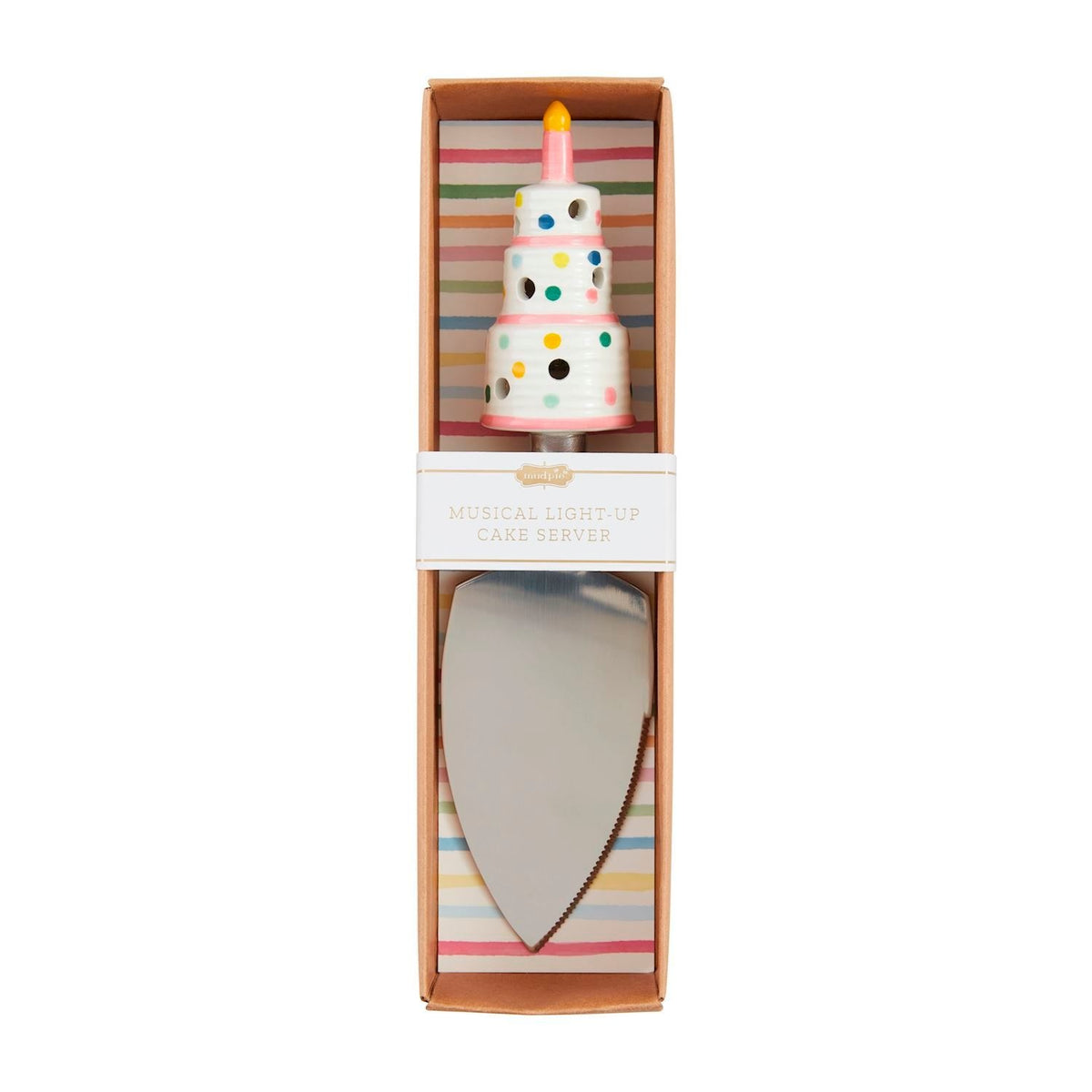 Stainless steel cake server with hand-painted ceramic birthday handle featuring LED lights.