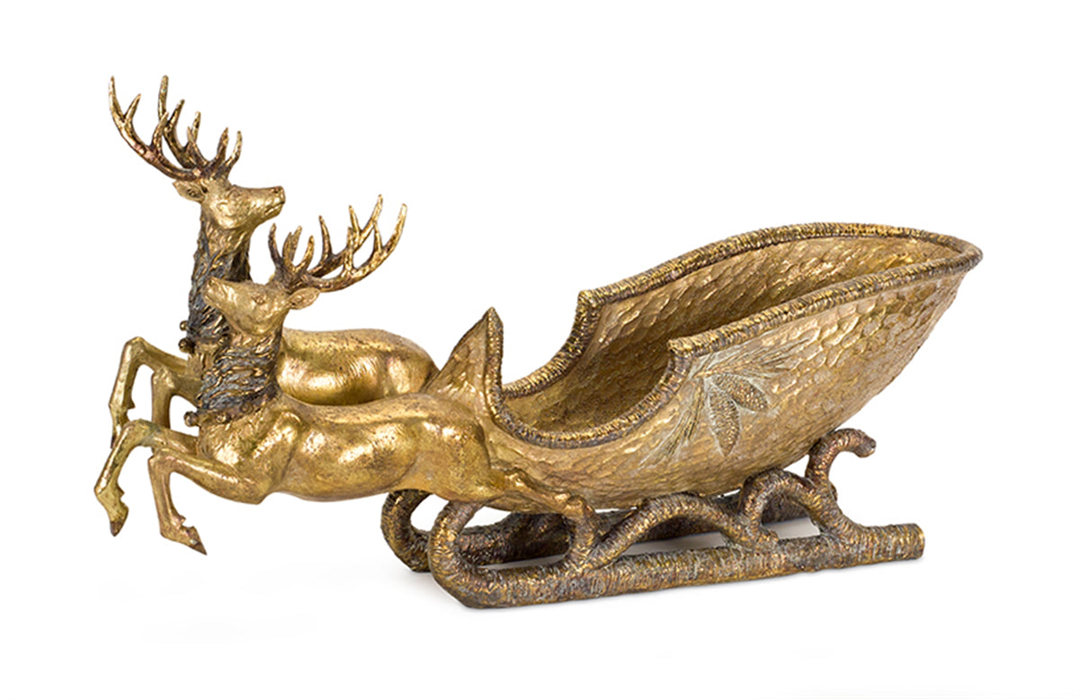 Polystone deer figurine with sleigh in natural tones