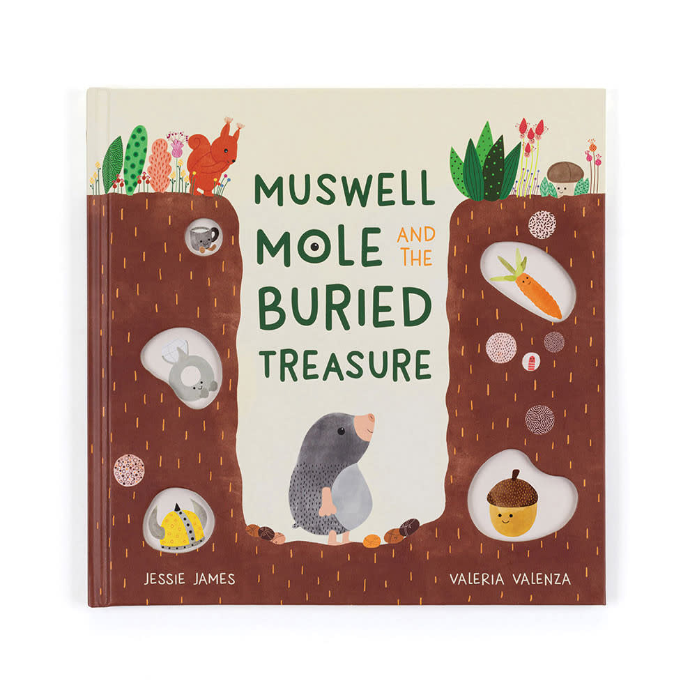 Paper board book cover featuring Muswell Mole holding a golden acorn against an earthy background.