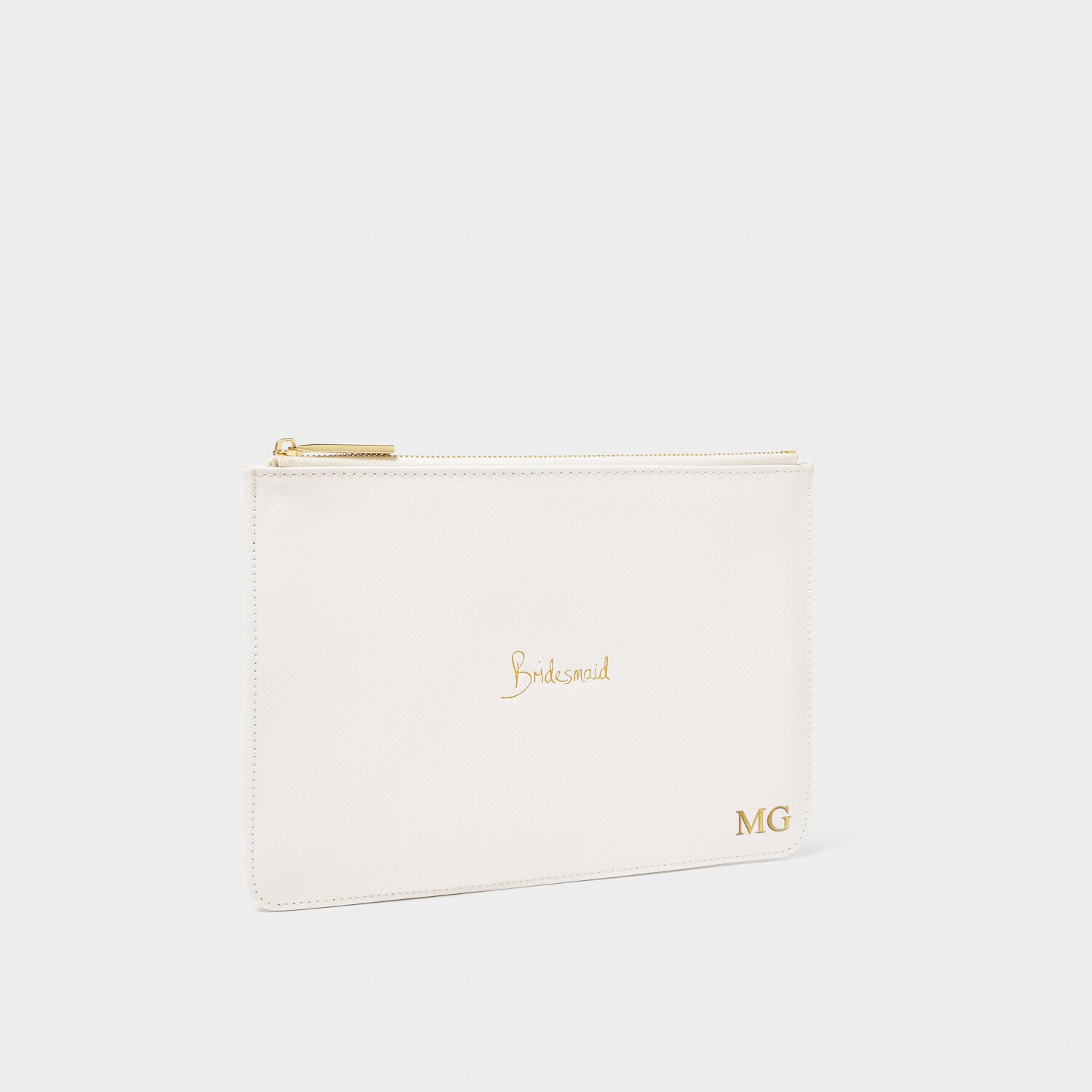 White faux leather bridesmaid pouch with gold zipper and gold foil lettering.