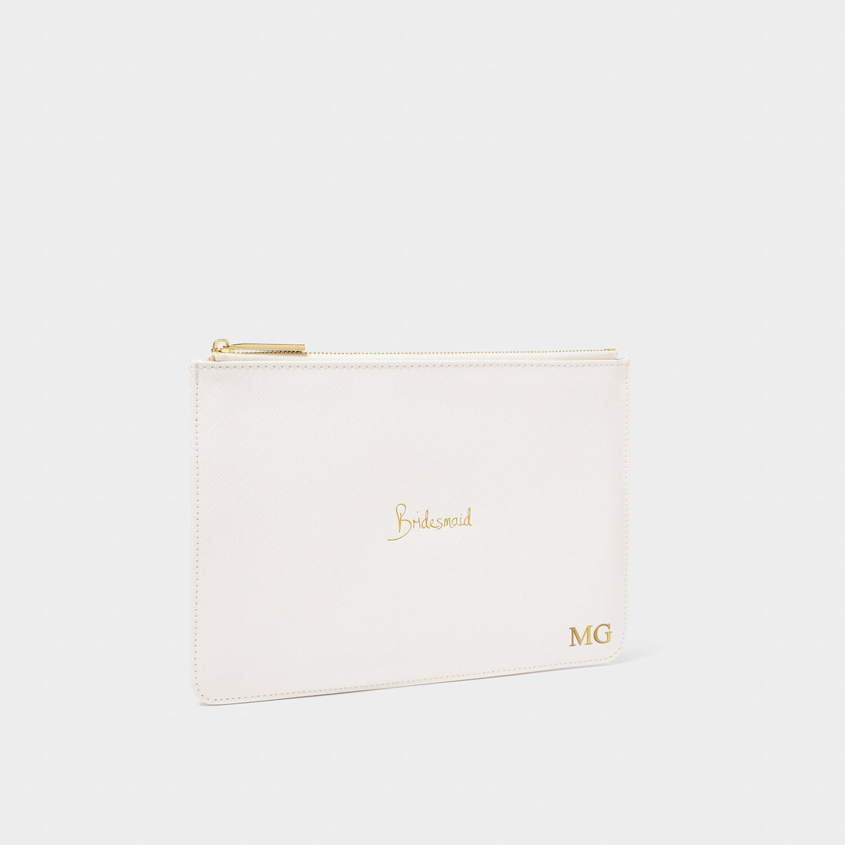 White faux leather bridesmaid pouch with gold zipper and gold foil lettering.