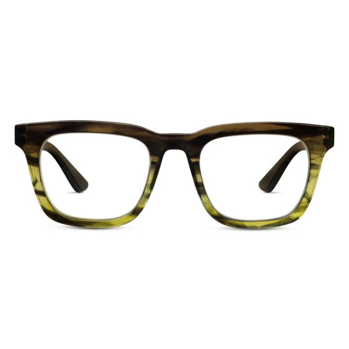 Cavern square-frame glasses with a dark brown to olive green gradient pattern.