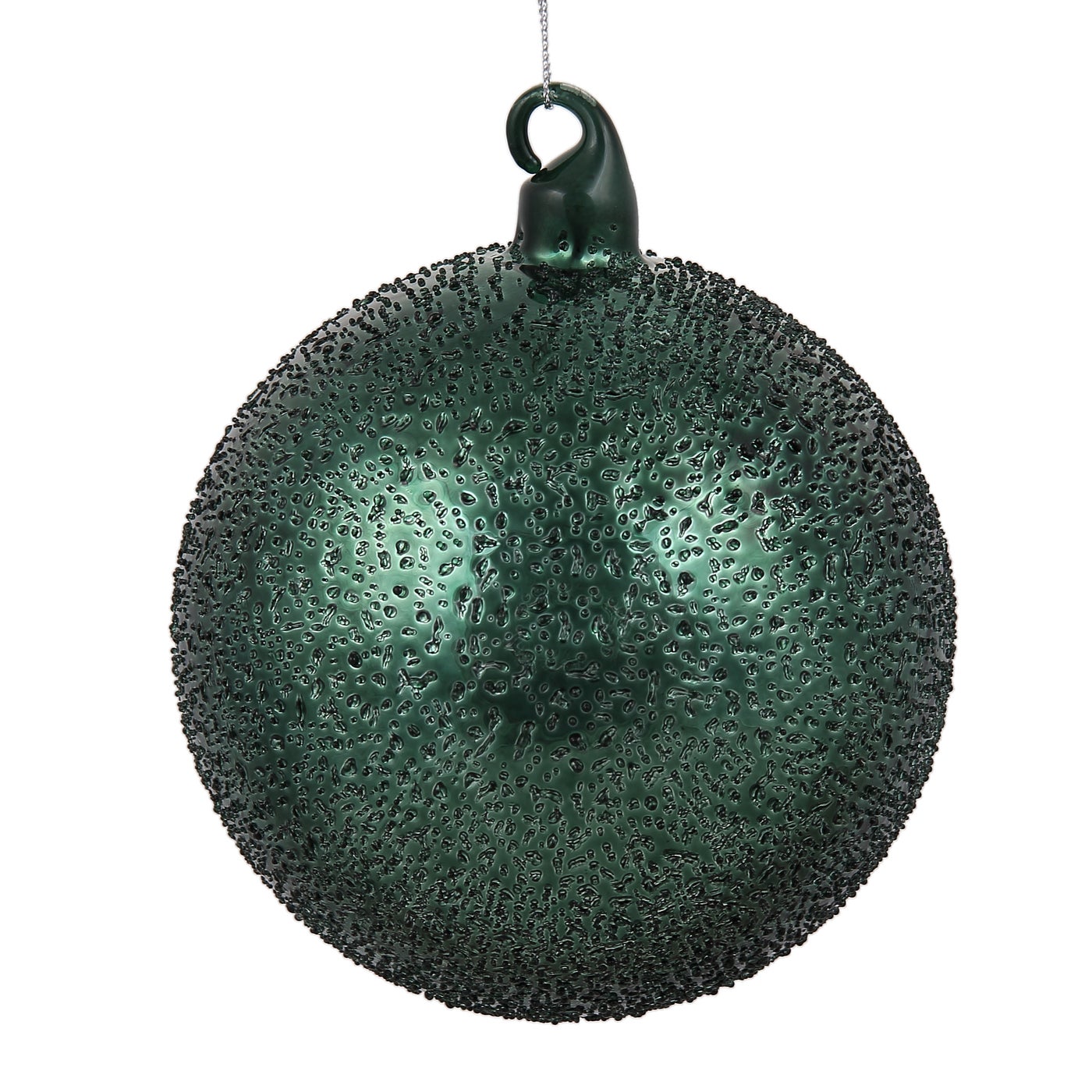 120mm dark green glass ball ornament with a textured, micro-beaded surface and hanging loop.