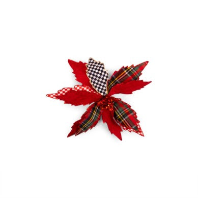 Timeless Tartan Poinsettia Clip with red velvet, plaid, and checkered patterned petals.