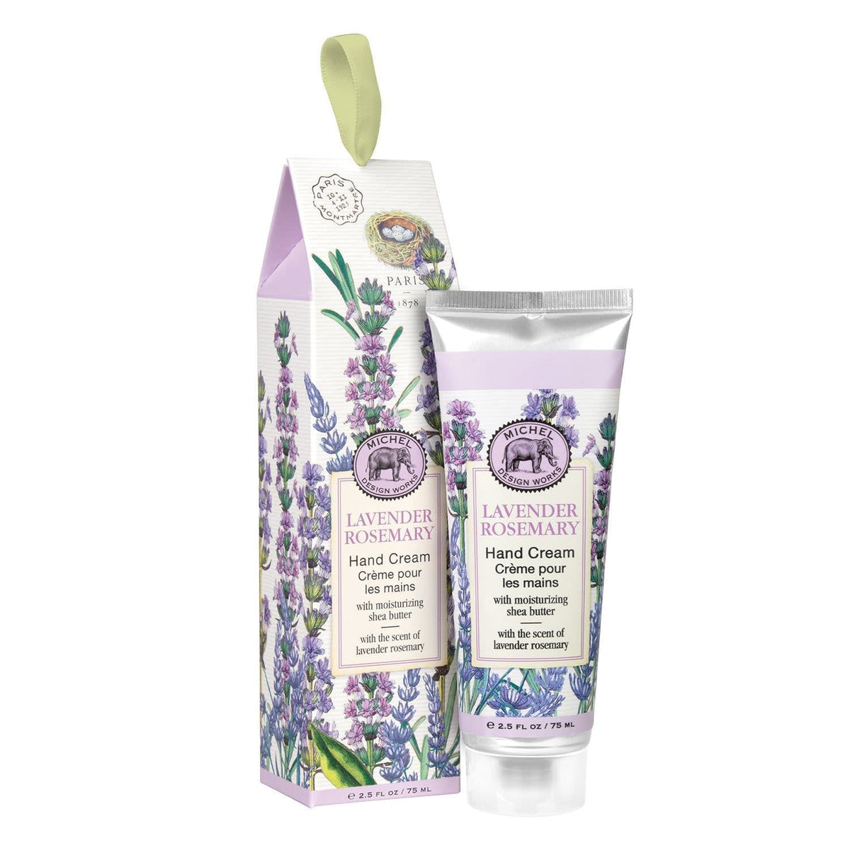 Michel Design Works Lavender Rosemary hand cream tube and matching box with floral lavender print.