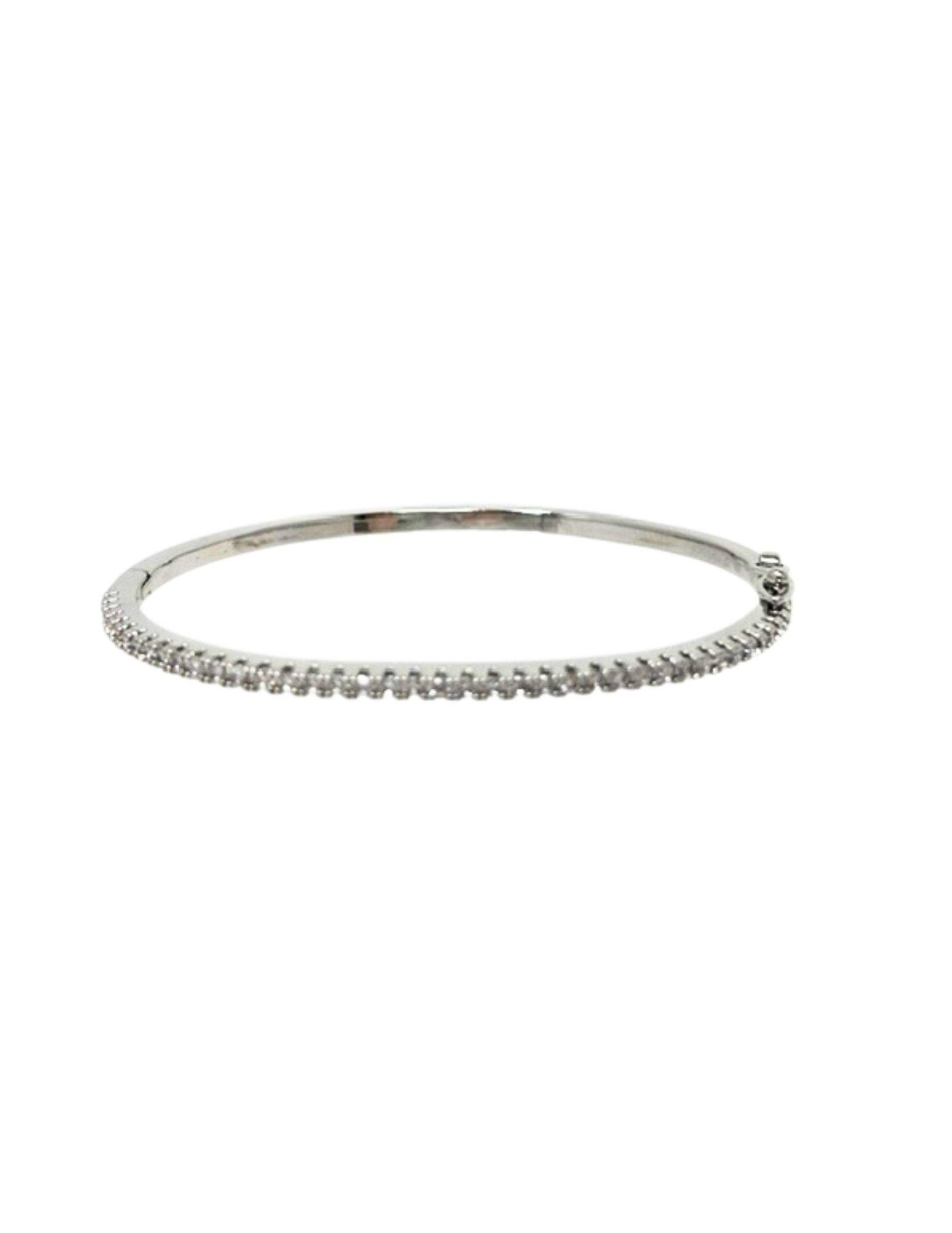 Silver-toned CZ hinged bangle with a row of pave-set round cubic zirconia stones.