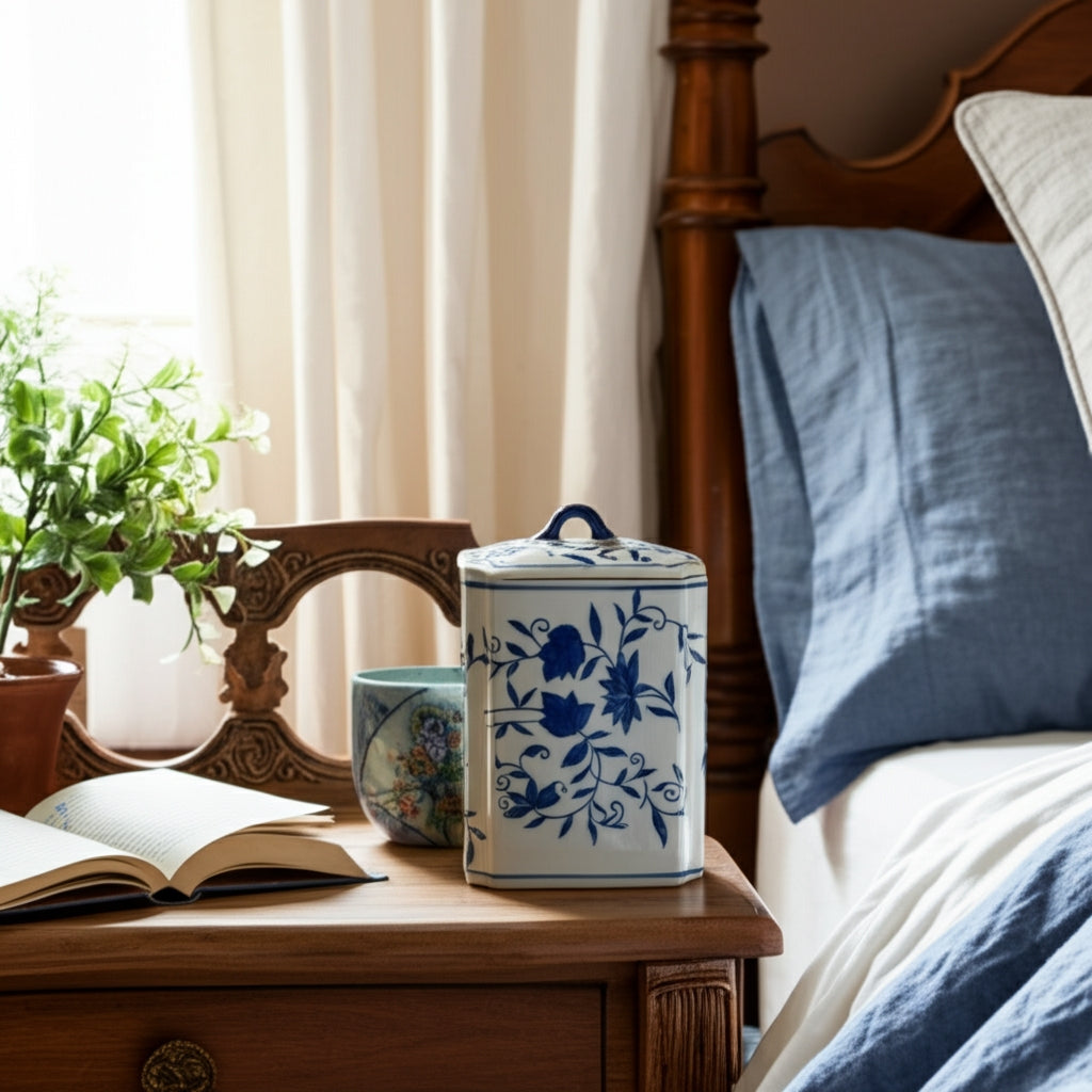 8-inch blue and white ceramic chinoiserie floral decorative jar on a wooden nightstand.