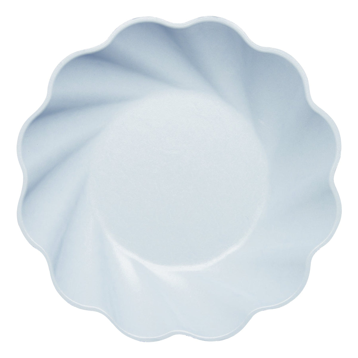 Top view of a light blue eco-friendly bamboo fiber salad plate with a scalloped, swirled rim.