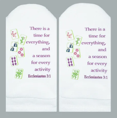 White no-show socks featuring mahjong tiles and the Bible verse Ecclesiastes 3:1 in purple text.