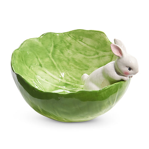 Green dolomite bunny-shaped bowl with cabbage leaf ears measuring six inches wide.