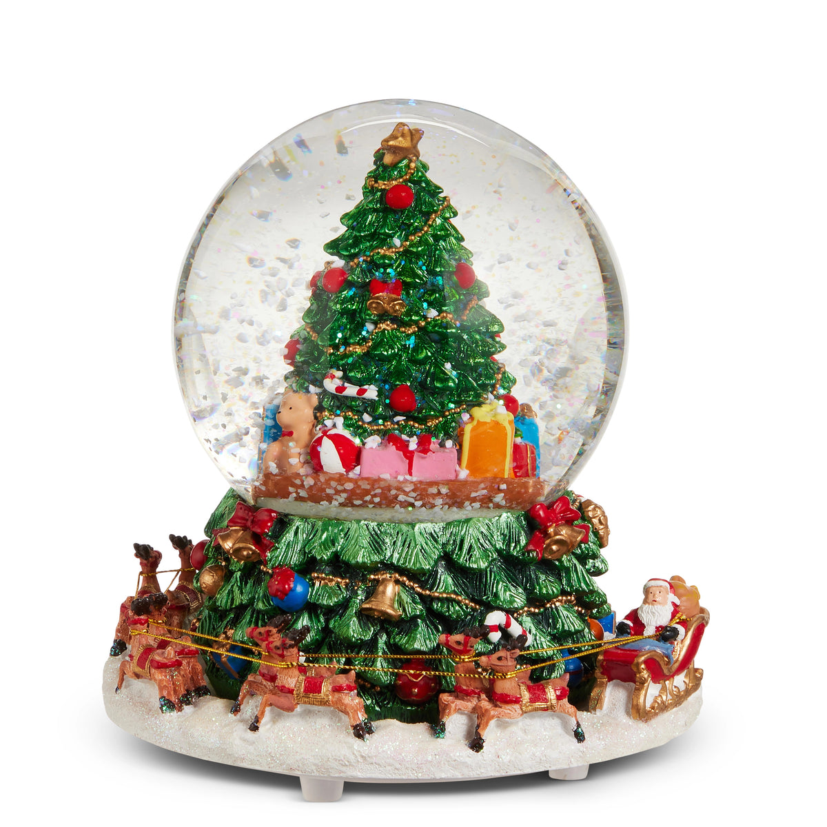 6.25-inch animated musical water globe featuring a Christmas tree and Santa in a reindeer-led sleigh.