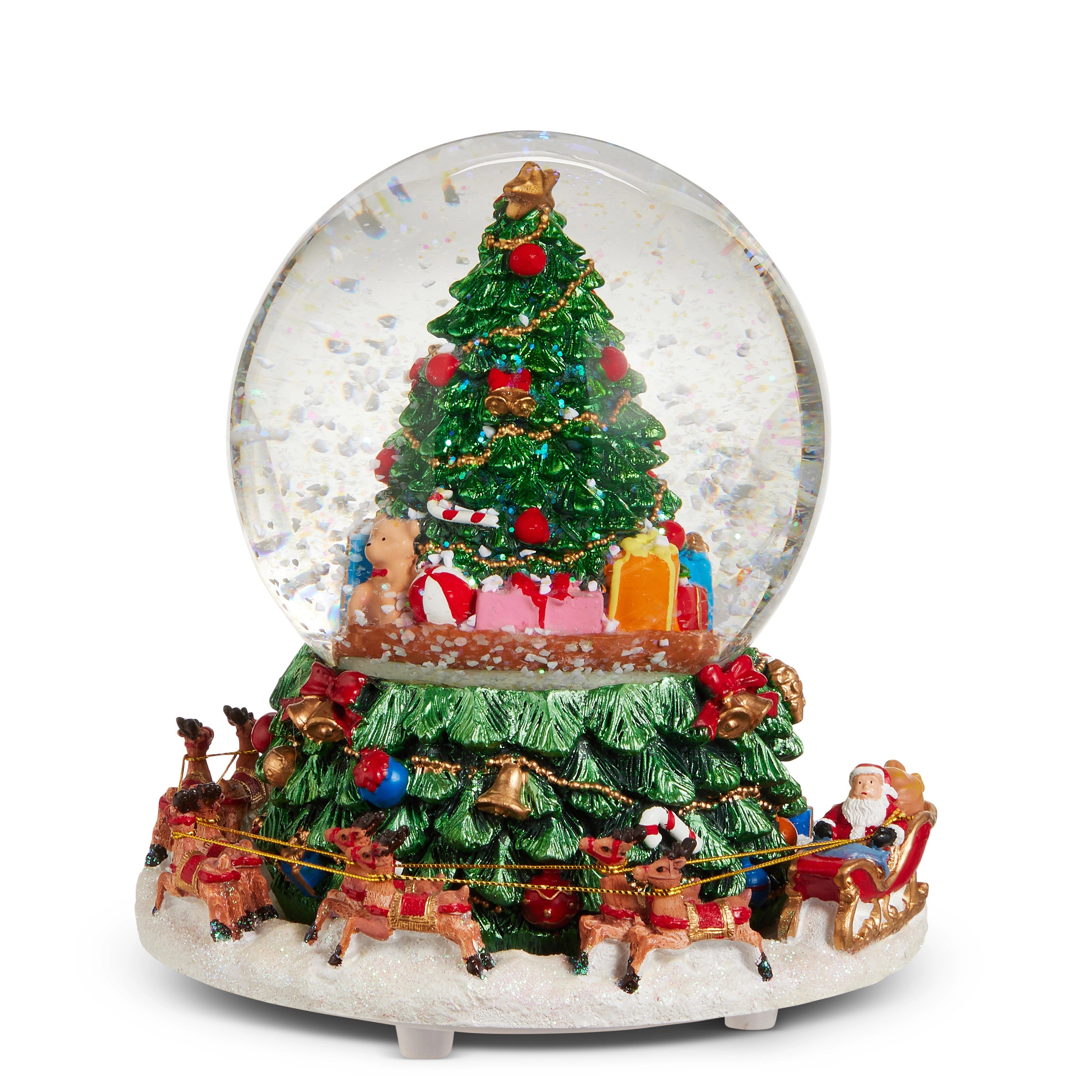 6.25-inch animated musical water globe featuring a Christmas tree and Santa in a reindeer-led sleigh.