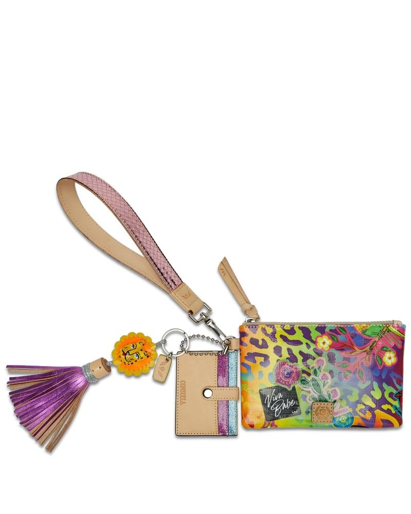 Diego leather wristlet with five card slots, D-ring pouch, and detachable cardholder.