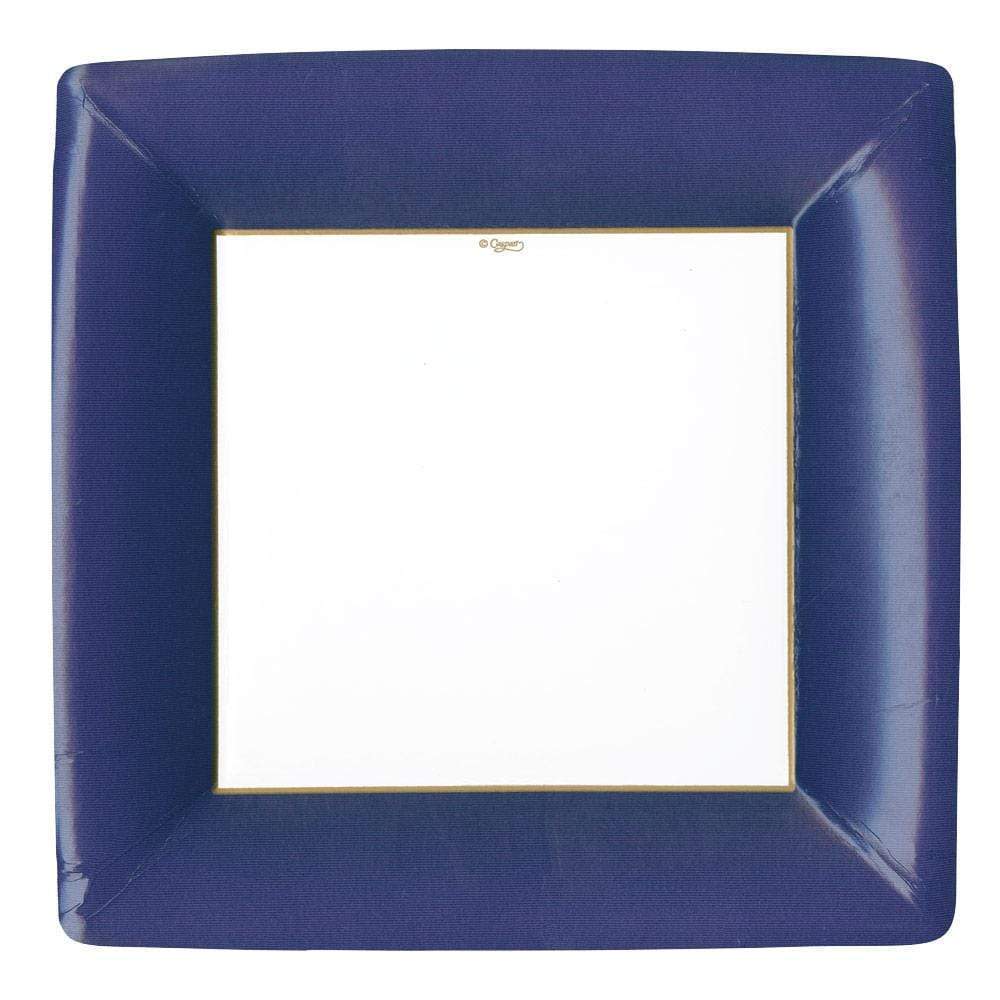 Pack of eight square dinner plates made from durable paper with water-based dyes.