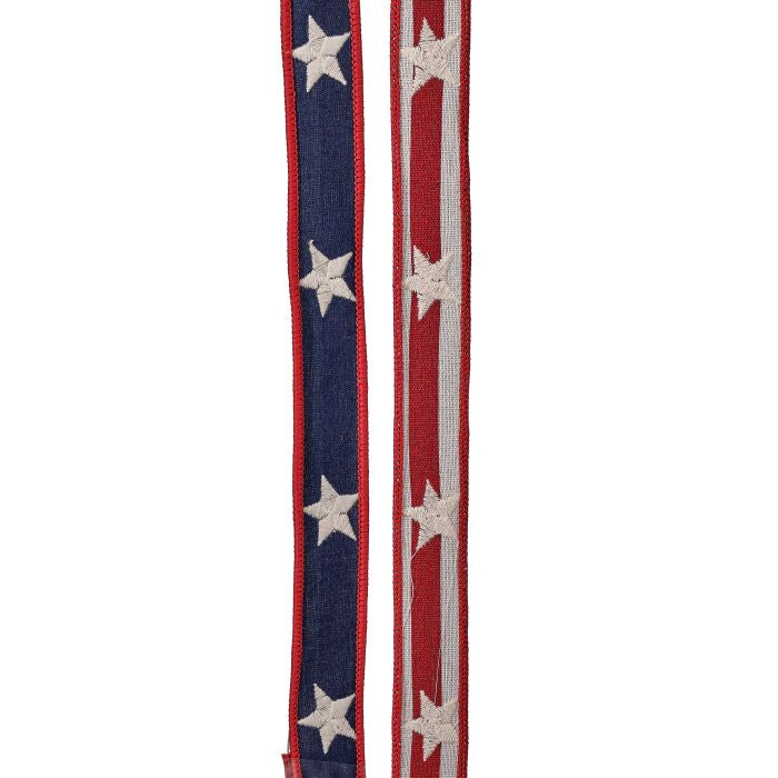 Ten-inch Americana star ribbon with a red, white, and blue pattern on a natural fabric background.