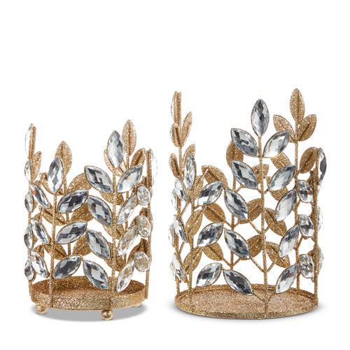 Crystal jeweled candle holders with gold glitter accents on metal base