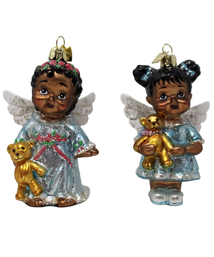 Glass African American angel ornament holding a teddy bear in blue with pink green glitter
