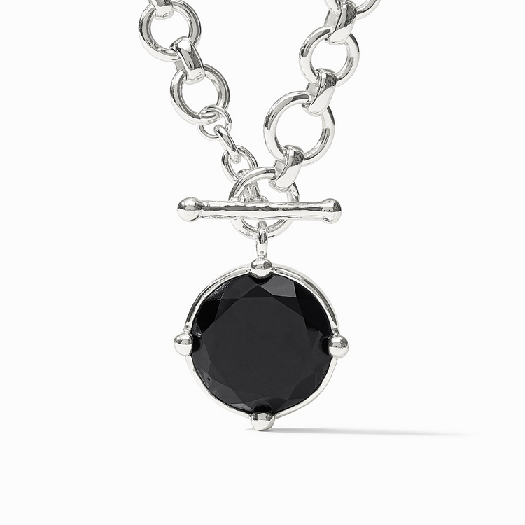 Honeybee Demi Necklace featuring a round rose cut black stone pendant on a silver link chain.