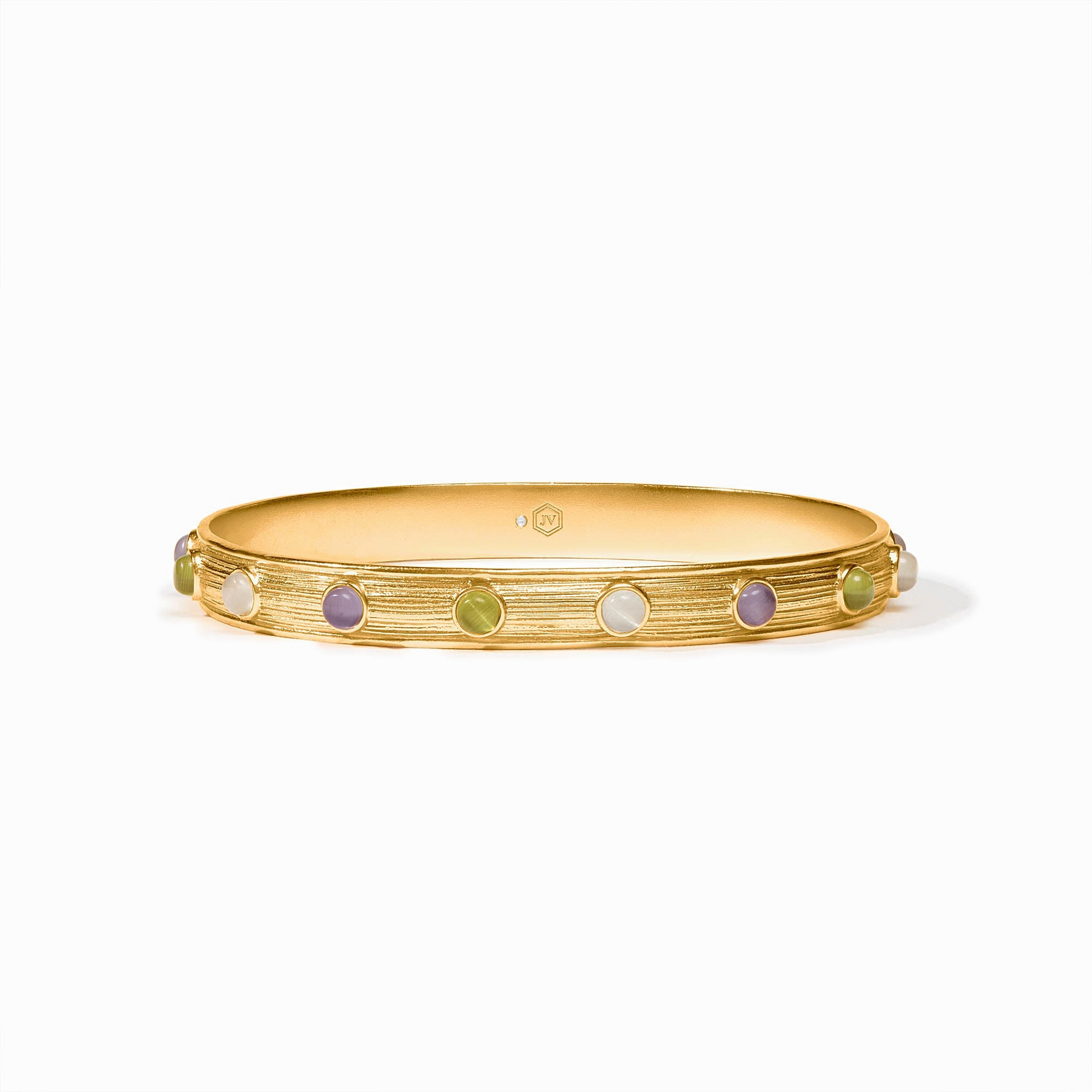 Gold-plated Cobblestone Stone Bangle with textured finish and colorful glass cabochon accents.