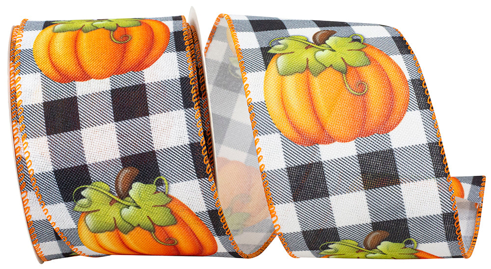 2.5 inch wired edge ribbon with black and white gingham pattern and orange pumpkin illustrations.