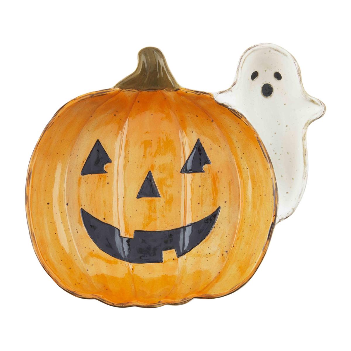 Stoneware pumpkin-shaped chip bowl with ghost face pattern in orange
