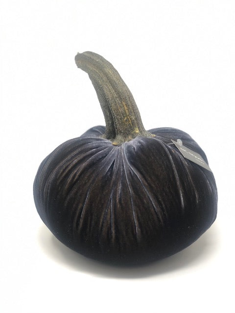 Handmade 8-inch velvet pumpkin in deep orange with a natural stem.